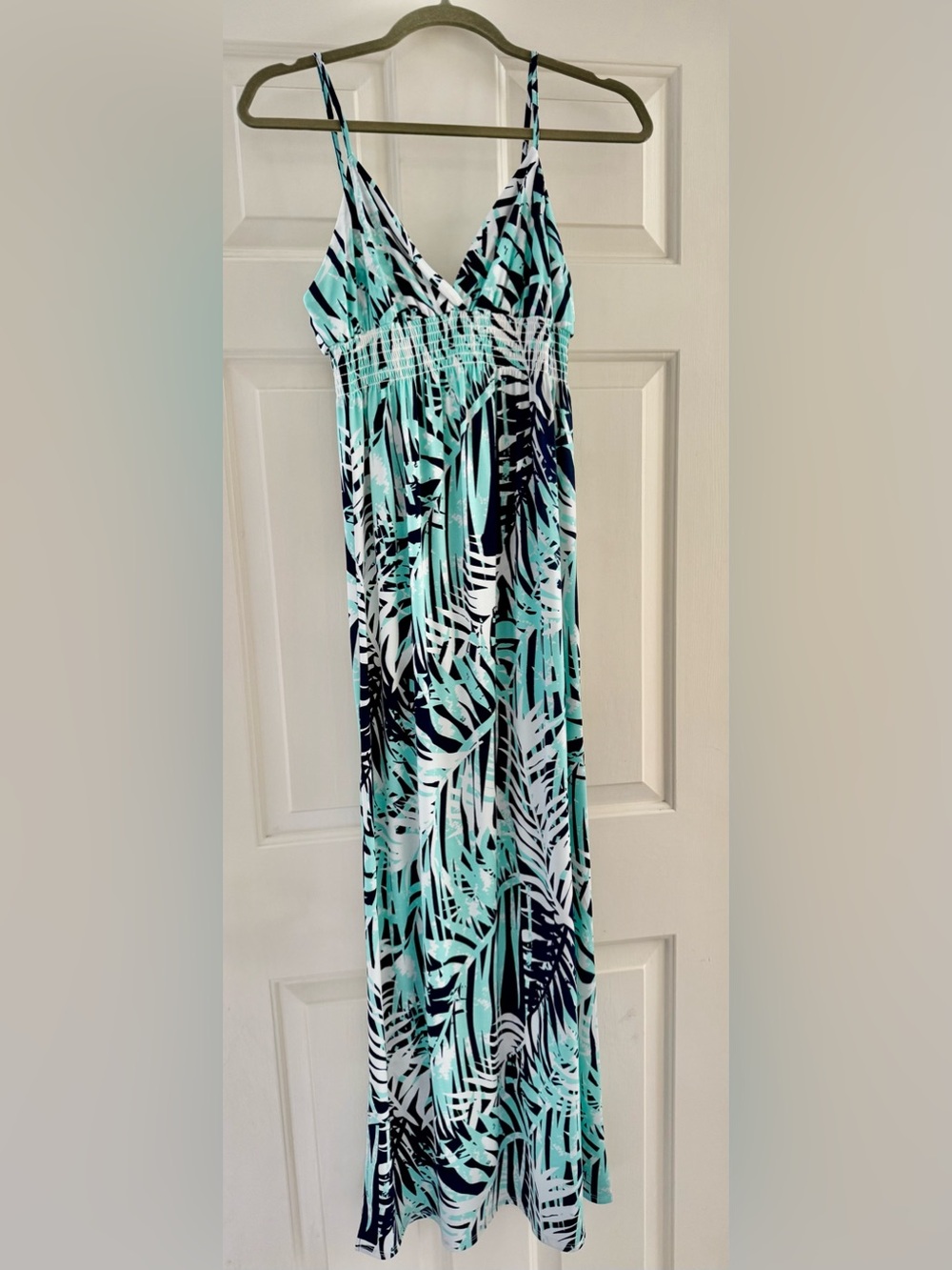 Mint, Navy & White Tropical-Print Maxi Dress with side slits to the knee.